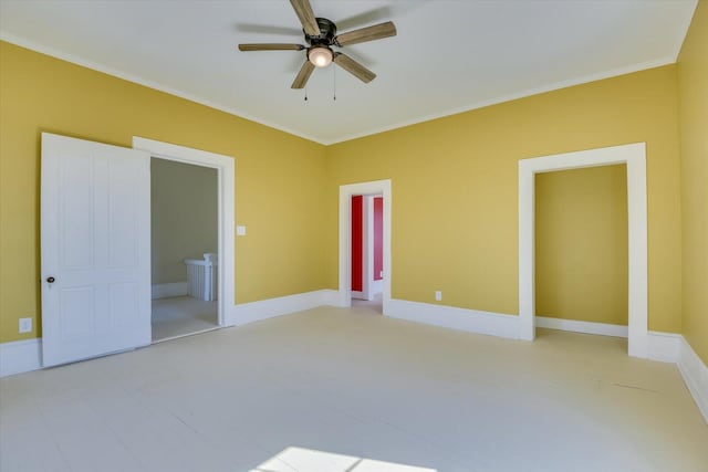 unfurnished bedroom with connected bathroom, ceiling fan, and ornamental molding