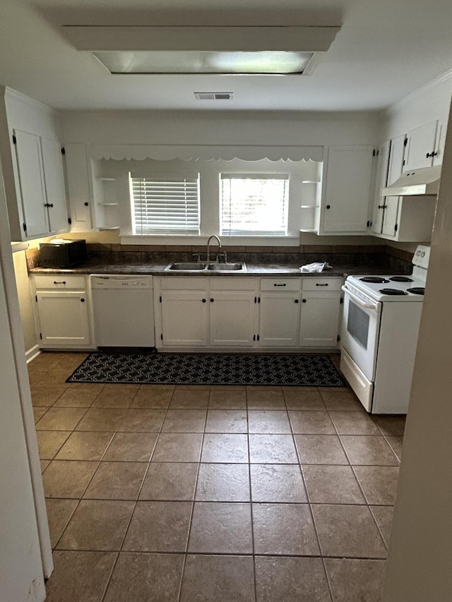 3007 Meadowbrook Dr, Augusta, GA 30906 - kitchen with white appliances, under cabinet range hood, a sink, dark countertops, and white cabinets
