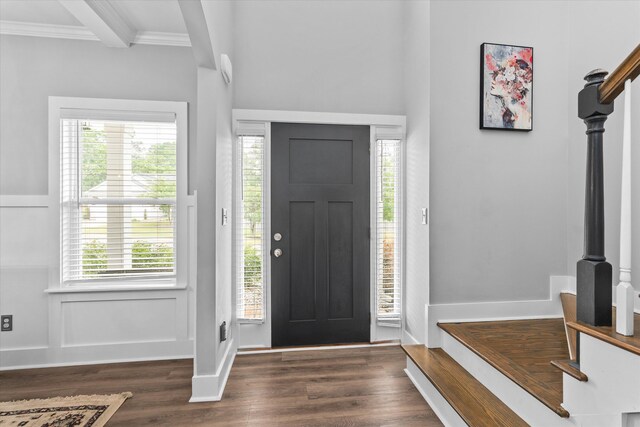 268 Anneswood Rd, Martinez, GA 30907 - entryway with ornamental molding, dark wood-style flooring, healthy amount of natural light, stairway, and baseboards