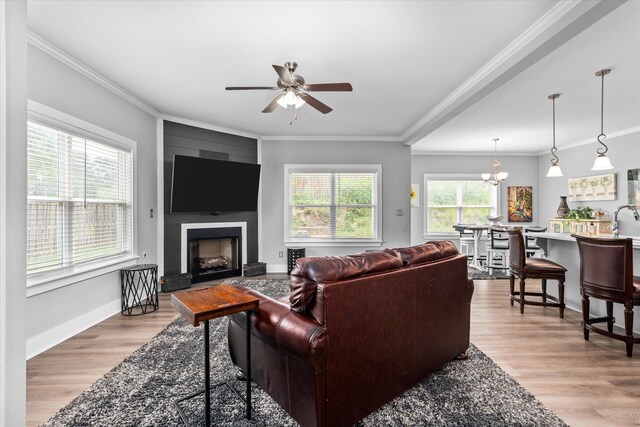 268 Anneswood Rd, Martinez, GA 30907 - living area with light wood-type flooring, a fireplace, a ceiling fan, crown molding, and a chandelier