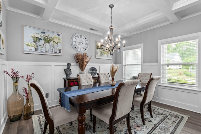 268 Anneswood Rd, Martinez, GA 30907 - dining area featuring coffered ceiling, a chandelier, a decorative wall, ornamental molding, and beamed ceiling