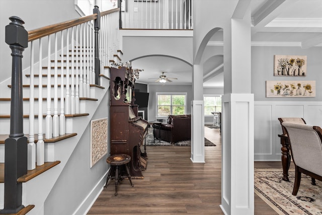 268 Anneswood Rd, Martinez, GA 30907 - stairs with a ceiling fan, ornamental molding, wood finished floors, arched walkways, and a high ceiling