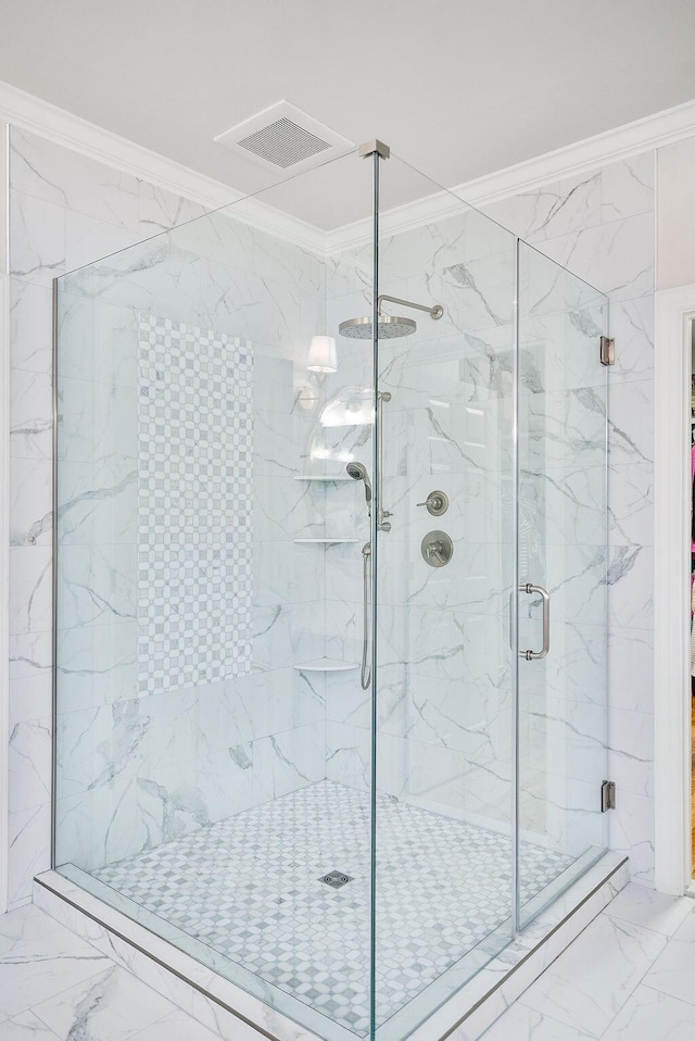 153 Longwood Green Ct, Aiken, SC 29803 - bathroom featuring crown molding, visible vents, and marble finish floor