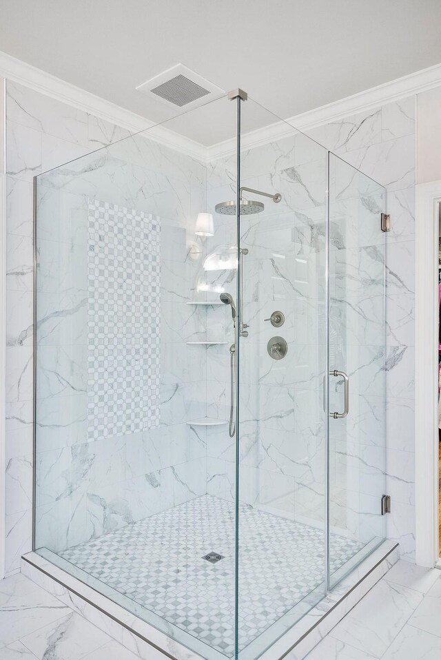 153 Longwood Green Ct, Aiken, SC 29803 - bathroom featuring crown molding, visible vents, and marble finish floor