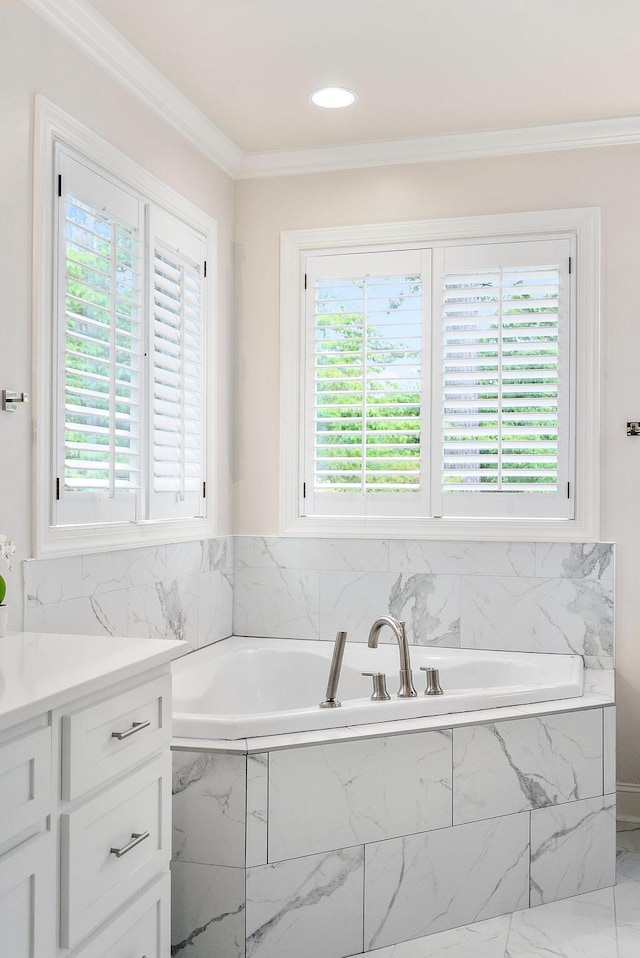 153 Longwood Green Ct, Aiken, SC 29803 - bathroom with marble finish floor, ornamental molding, a garden tub, and vanity