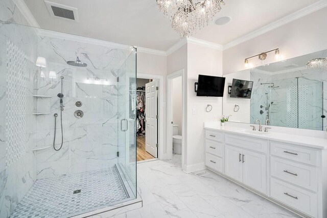 153 Longwood Green Ct, Aiken, SC 29803 - bathroom featuring crown molding, a notable chandelier, visible vents, and a marble finish shower