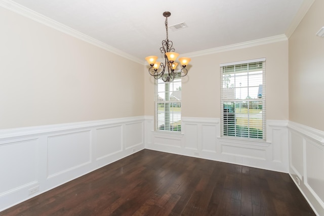 unfurnished dining area featuring a notable chandelier, dark hardwood / wood-style flooring, and crown molding