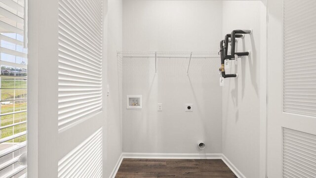 laundry area with washer hookup, electric dryer hookup, dark wood-type flooring, and a wealth of natural light