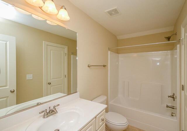 full bath with toilet, shower / bathtub combination, vanity, and visible vents
