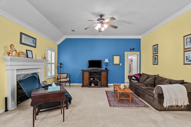 living room featuring ceiling fan, light colored carpet, lofted ceiling, and crown molding