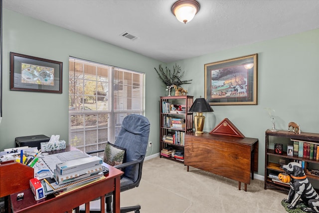 office area featuring light carpet