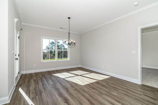 unfurnished dining area featuring a notable chandelier, dark hardwood / wood-style floors, and ornamental molding