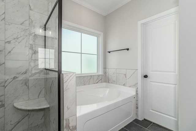 bathroom with tile patterned flooring, separate shower and tub, and crown molding