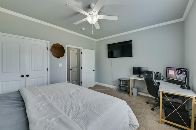 251 Wentworth Pl, Grovetown, GA 30813 - carpeted bedroom with crown molding, a desk, baseboards, a closet, and a ceiling fan