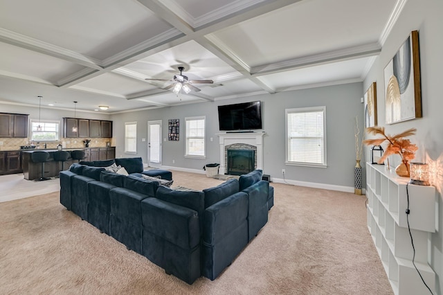 251 Wentworth Pl, Grovetown, GA 30813 - living area featuring light carpet, coffered ceiling, healthy amount of natural light, a fireplace with raised hearth, and beam ceiling