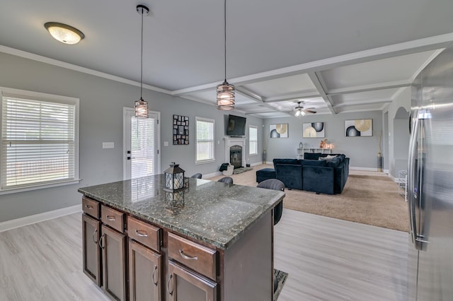 251 Wentworth Pl, Grovetown, GA 30813 - kitchen with stainless steel fridge, a fireplace, baseboards, a ceiling fan, and coffered ceiling