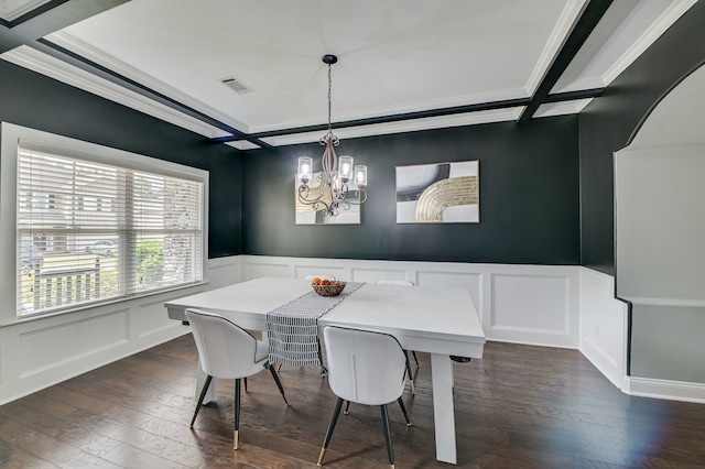 251 Wentworth Pl, Grovetown, GA 30813 - dining space featuring a decorative wall, coffered ceiling, crown molding, a chandelier, and dark wood finished floors