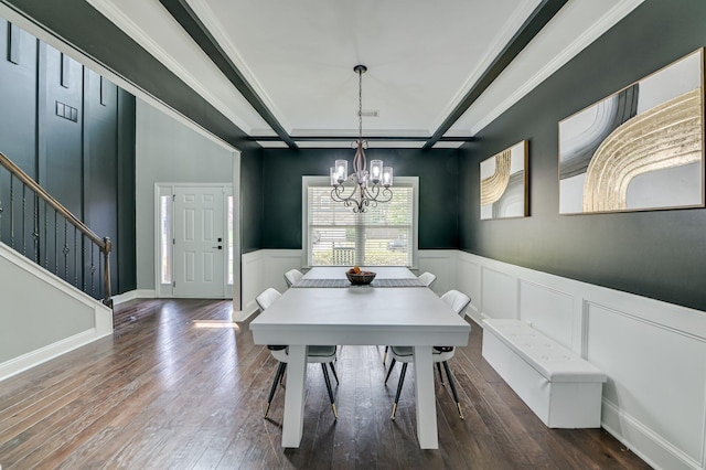 251 Wentworth Pl, Grovetown, GA 30813 - dining space with a chandelier, a decorative wall, stairs, wainscoting, and dark wood-style flooring