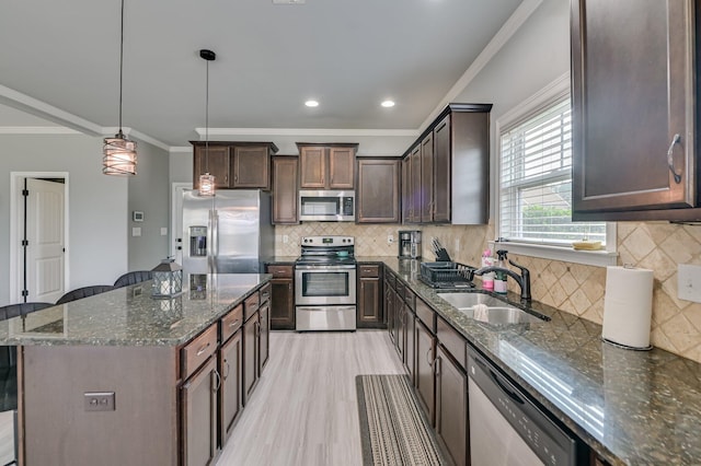 251 Wentworth Pl, Grovetown, GA 30813 - kitchen with appliances with stainless steel finishes, a sink, ornamental molding, light wood-style floors, and dark brown cabinetry