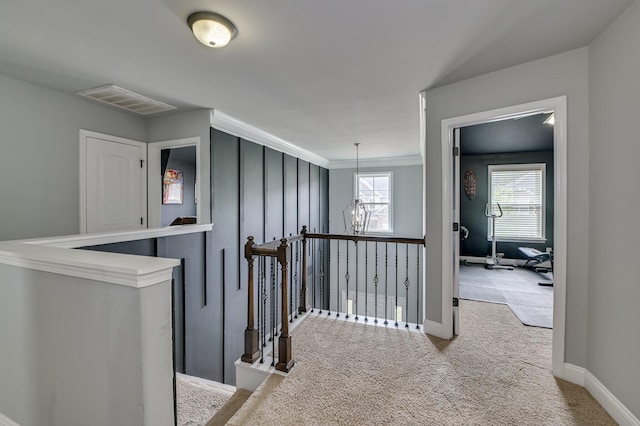 251 Wentworth Pl, Grovetown, GA 30813 - hallway featuring an upstairs landing, carpet flooring, plenty of natural light, baseboards, and ornamental molding