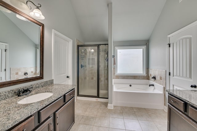251 Wentworth Pl, Grovetown, GA 30813 - bathroom featuring lofted ceiling, a shower stall, vanity, and tile patterned floors