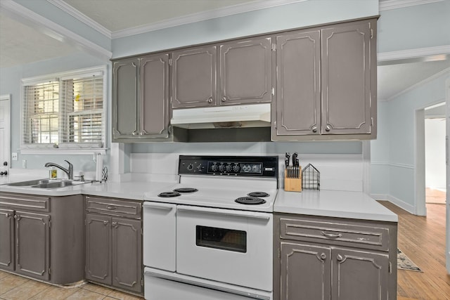 kitchen featuring gray cabinetry, ornamental molding, electric stove, under cabinet range hood, and a sink