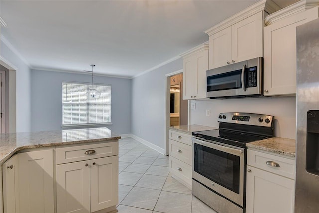 5776 Carriage Hills Dr, Martinez, GA 30907 - kitchen featuring appliances with stainless steel finishes, crown molding, light tile patterned floors, white cabinets, and light stone countertops