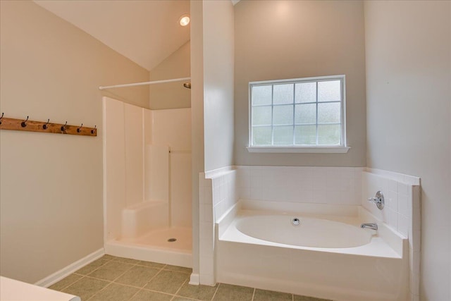 5776 Carriage Hills Dr, Martinez, GA 30907 - bathroom with a bath, vaulted ceiling, a shower, and tile patterned floors