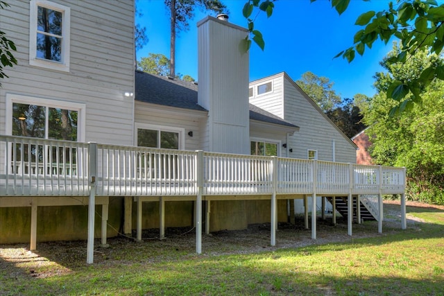 3408 Wheeler Rd, Augusta, GA 30909 - back of house featuring a wooden deck, roof with shingles, stairs, a lawn, and a chimney