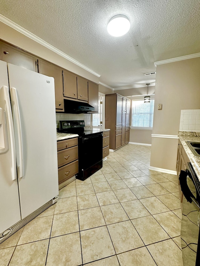 kitchen featuring tasteful backsplash, a textured ceiling, crown molding, black appliances, and light tile patterned floors