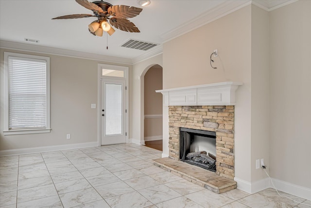 514 Hardwick Ct, Evans, GA 30809 - unfurnished living room with arched walkways, a fireplace, light marble finish flooring, ceiling fan, and ornamental molding