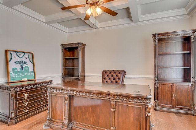 514 Hardwick Ct, Evans, GA 30809 - office with coffered ceiling, a ceiling fan, beamed ceiling, light wood finished floors, and crown molding