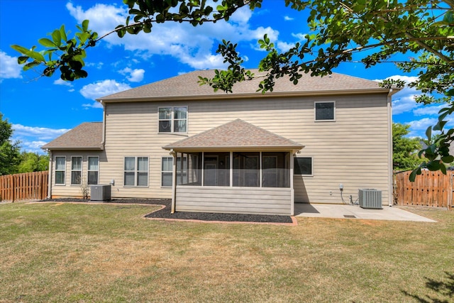514 Hardwick Ct, Evans, GA 30809 - back of house with a sunroom, a patio area, central air condition unit, and a shingled roof