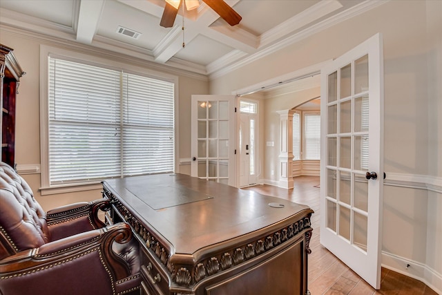 514 Hardwick Ct, Evans, GA 30809 - home office featuring french doors, a ceiling fan, plenty of natural light, coffered ceiling, and light wood-style floors