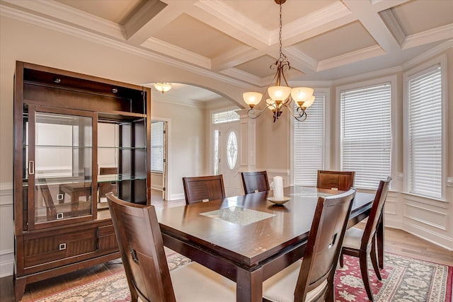 514 Hardwick Ct, Evans, GA 30809 - dining room featuring arched walkways, wood finished floors, a chandelier, coffered ceiling, and beamed ceiling