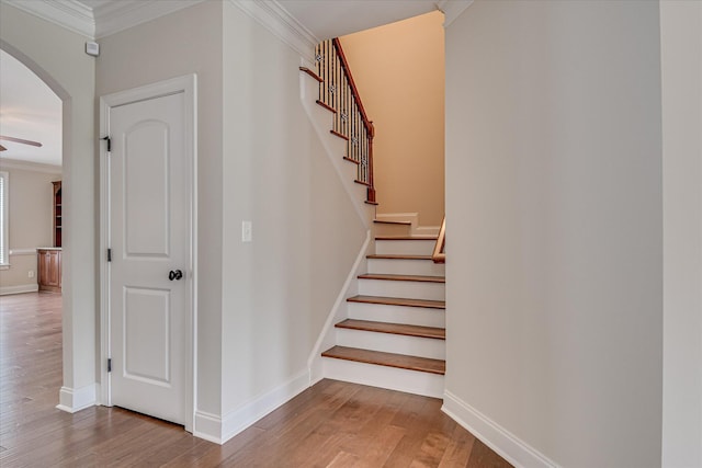 514 Hardwick Ct, Evans, GA 30809 - stairway featuring arched walkways, wood finished floors, crown molding, baseboards, and ceiling fan