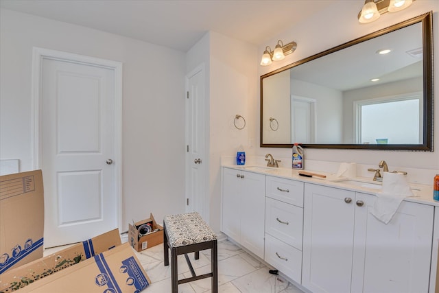 3015 Bannack Ln, Harlem, GA 30814 - bathroom with double vanity, marble finish flooring, and recessed lighting