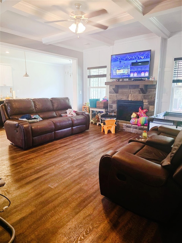 3015 Bannack Ln, Harlem, GA 30814 - living room featuring coffered ceiling, wood finished floors, a ceiling fan, a fireplace, and beam ceiling