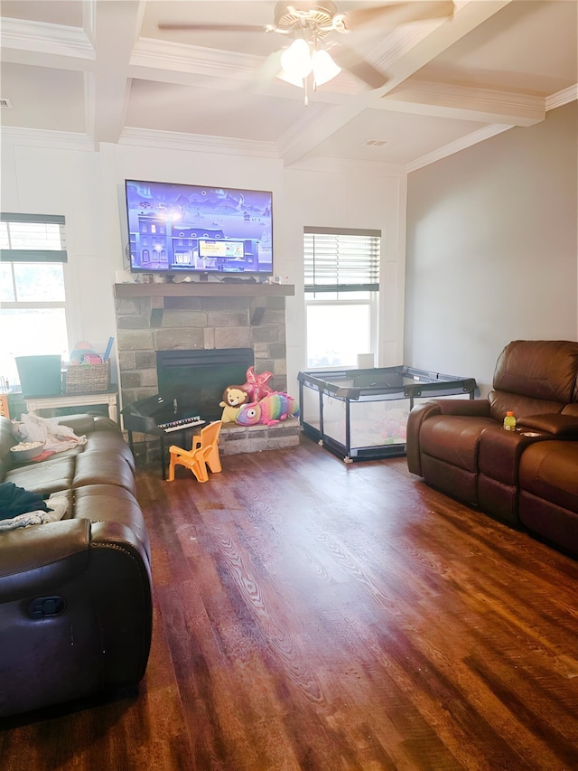 3015 Bannack Ln, Harlem, GA 30814 - living area featuring coffered ceiling, wood finished floors, healthy amount of natural light, ornamental molding, and a ceiling fan