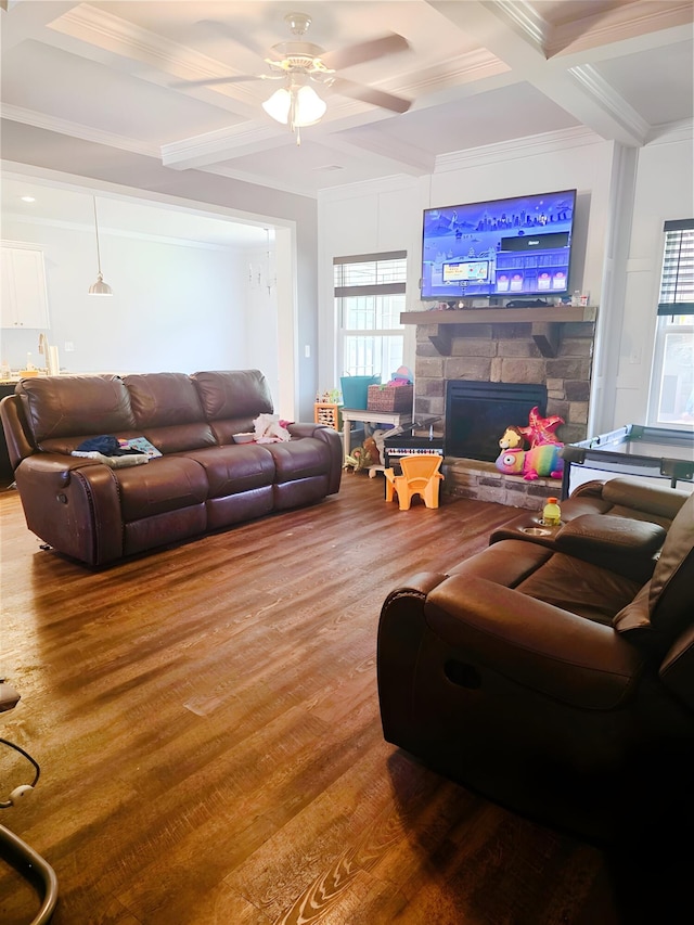 3015 Bannack Ln, Harlem, GA 30814 - living area featuring coffered ceiling, a ceiling fan, wood finished floors, a fireplace, and crown molding
