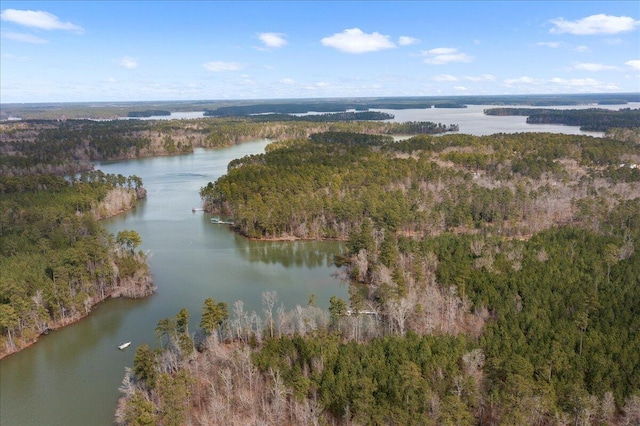 drone / aerial view with a water view and a view of trees