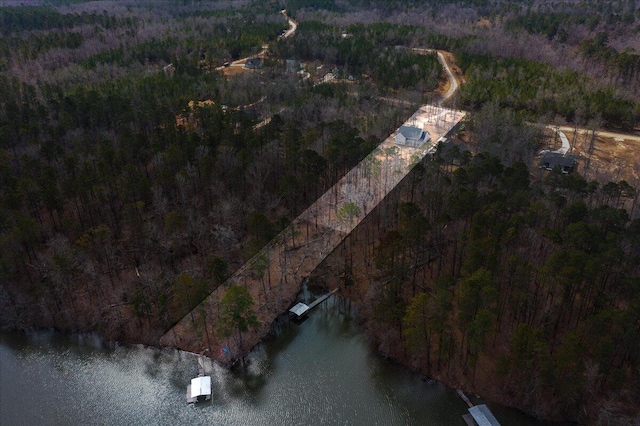 drone / aerial view with a water view and a wooded view