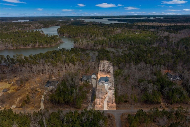 drone / aerial view featuring a forest view and a water view