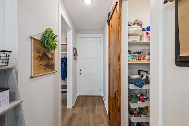 corridor with a barn door and wood finished floors