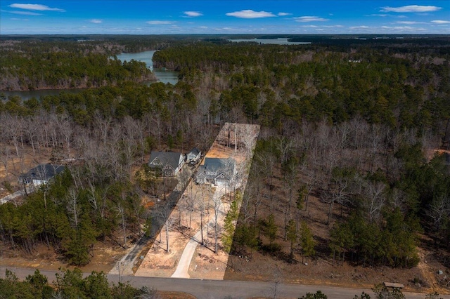 drone / aerial view with a water view and a wooded view