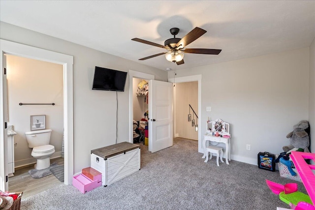 rec room with ceiling fan, carpet flooring, and baseboards