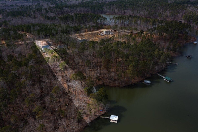 aerial view featuring a water view and a wooded view