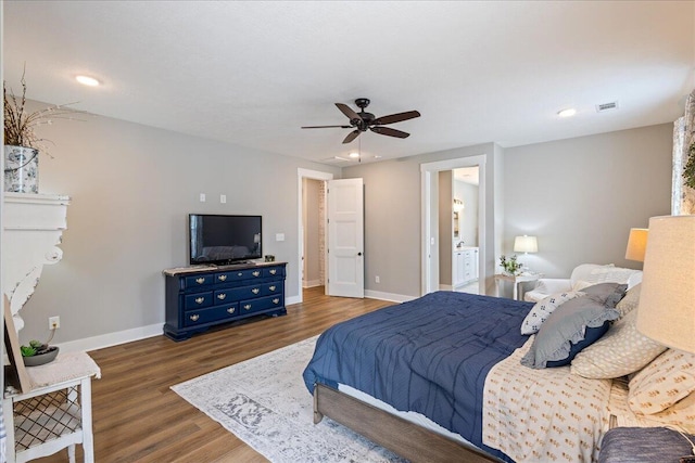 bedroom featuring recessed lighting, visible vents, a ceiling fan, wood finished floors, and baseboards