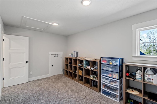 interior space featuring carpet, attic access, and baseboards