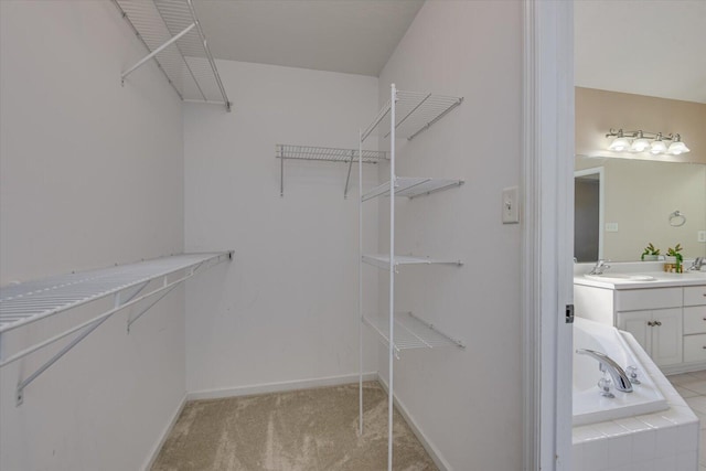 walk in closet featuring light carpet and sink